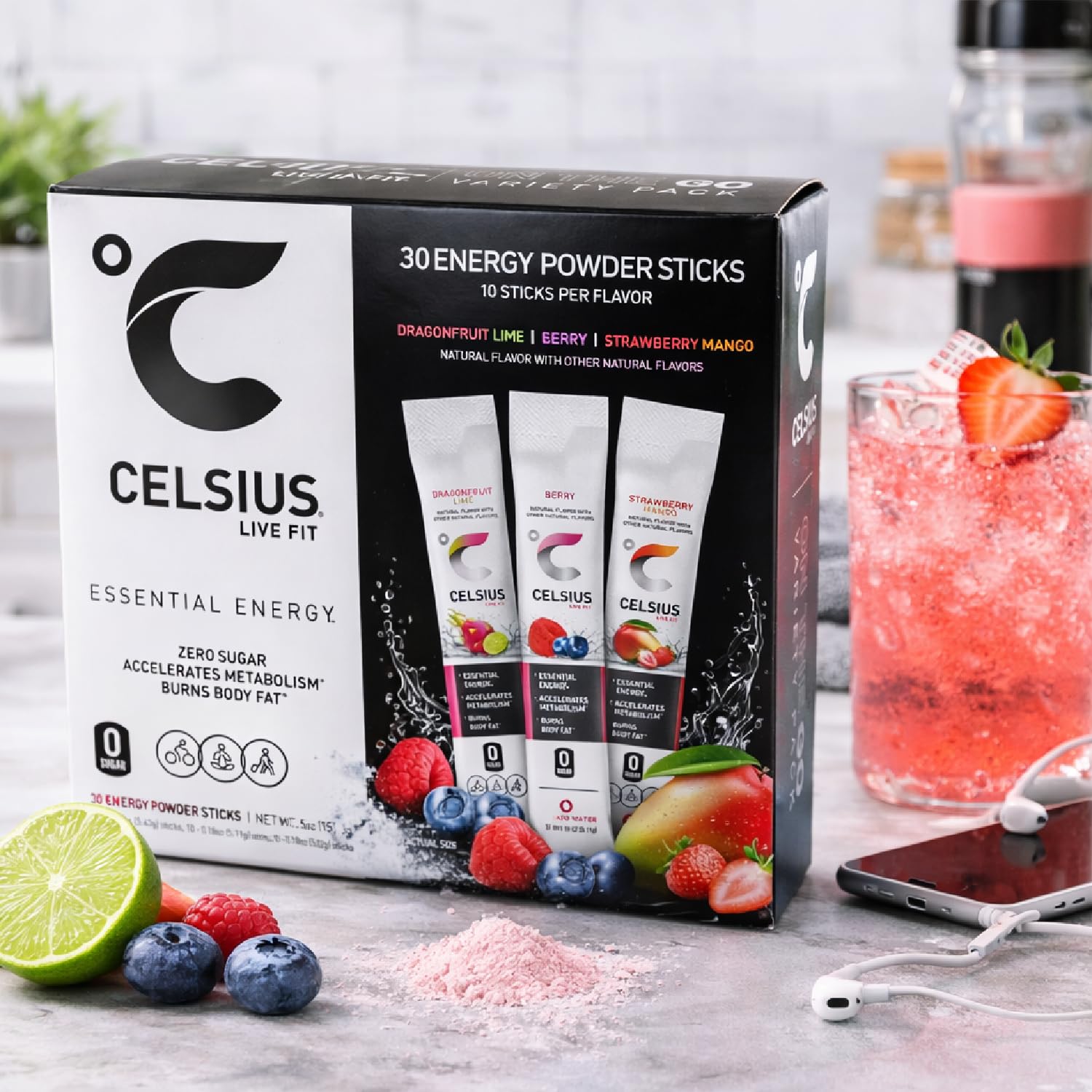 Celsius Essential Energy Zero Sugar Drink Mix, Variety Pack, 60 Packets - (2) 30-ct Boxes, (Dragonfruit Lime, Berry, Strawberry Mango) with Galley Grove Sugar-Free Breath Mints