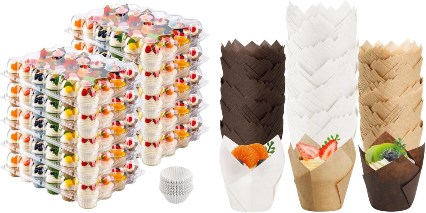 Bundle of 24 Count Cupcake Containers 10 Pack and 200PCS Tulip Cupcake Liners