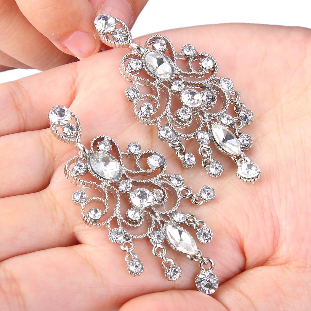 BriLove Women's Vintaged Style Wedding Bridal Crystal Drop Hollow Chandelier Filigree Dangle Earrings - Image 4