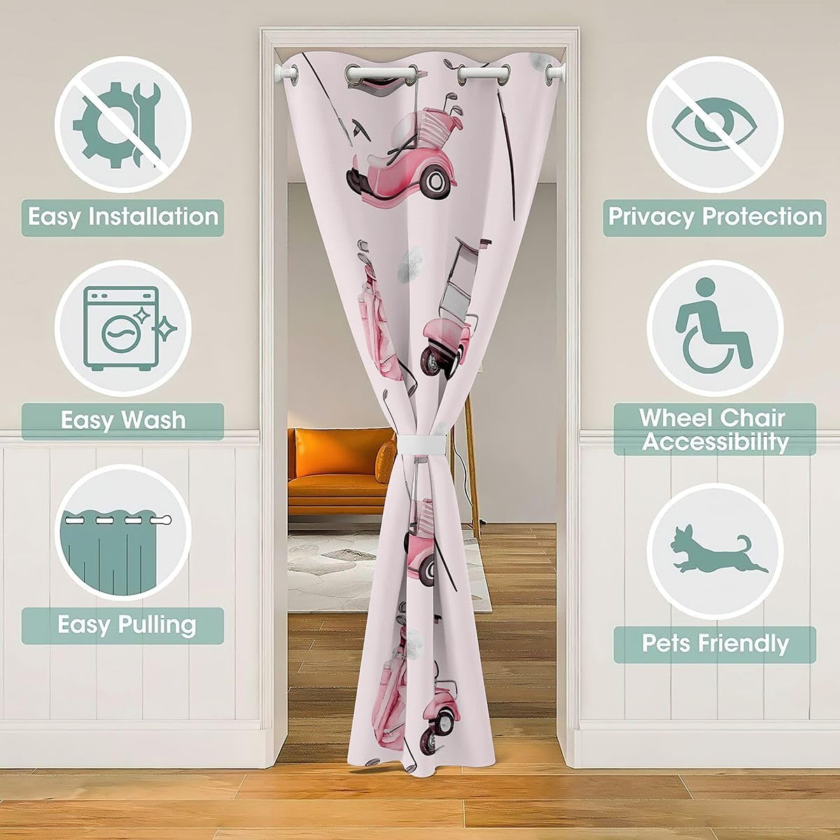 Manfei Golf Sports Door Curtain for Doorway Privacy,Golf Club Sliding Closet Door Curtains Pink Cart Bag Privacy Curtains Cover for Room Divider Leisure Ball Games,W52 X L84 image 3