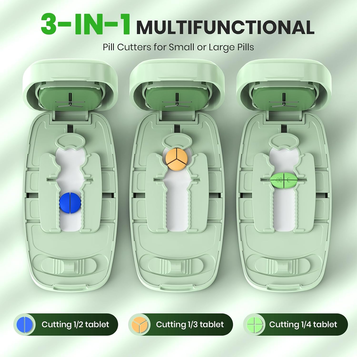 Pill Cutter Splitter for Small and Tiny Pills, Anti-Slip Silicone Pad Holds Pills Steady, Adjustable Pill Cutter for Accurate 1/2 1/3 1/4 Cutting, Sharp Stainless Steel Blade with Safety Guard