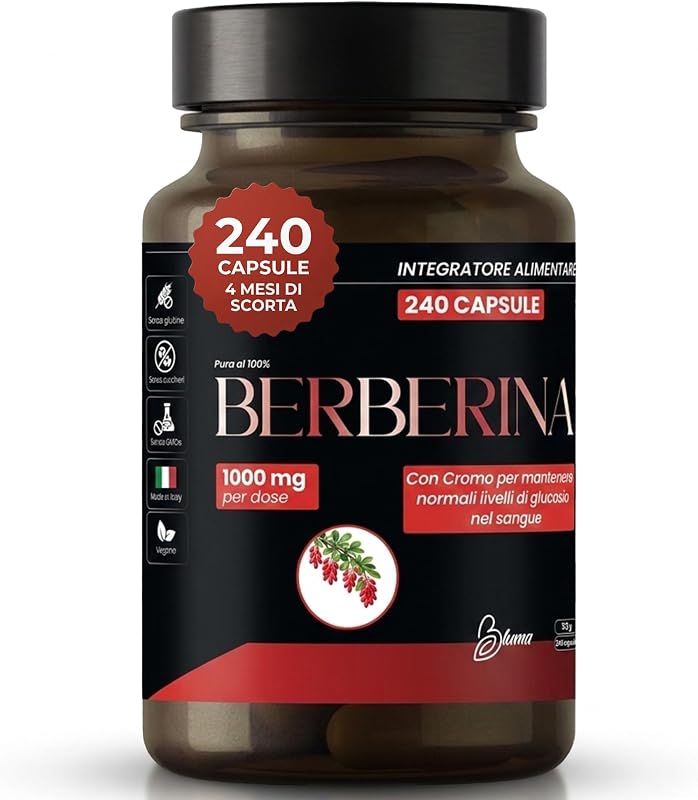 Berberina 1000mg Pura – 240 Capsule Vegane (4 Mesi) – Berberis Aristata 98% con Pepe Nero e Cromo – Supporto Metabolismo dei Macronutrienti e Livelli di Glucosio – Integratore Naturale Alto Dosaggio