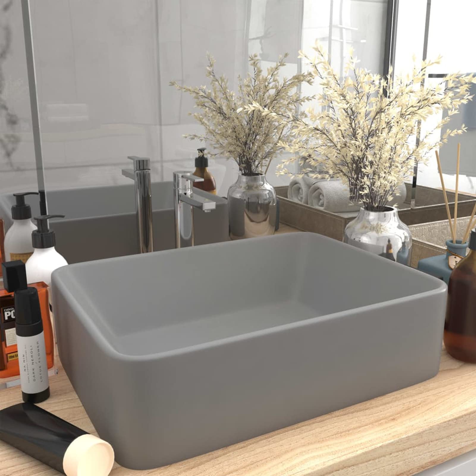 Lavabo de Lujo cerámica Gris Claro Mate 41x30x12 cm, Fregadero, Lavabo Baño, Lavamanos Baño, Lavatorio Casa De Banho, Mueble Lavabo sobre Encimera