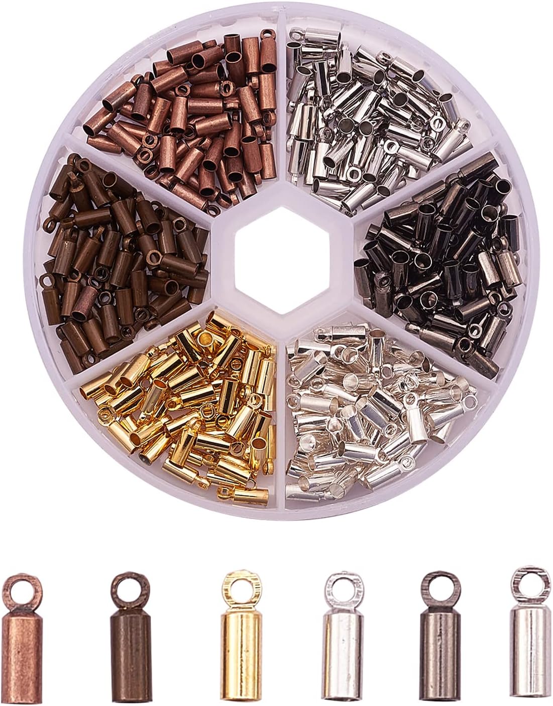 LiQunSweet 300 Pcs 6 Colors Brass Glue-in Leather Cord End Caps Terminators Barrel End Tip with Loop Ring for Bag Pendant Earring Choker Tassel DIY Jewelry Making