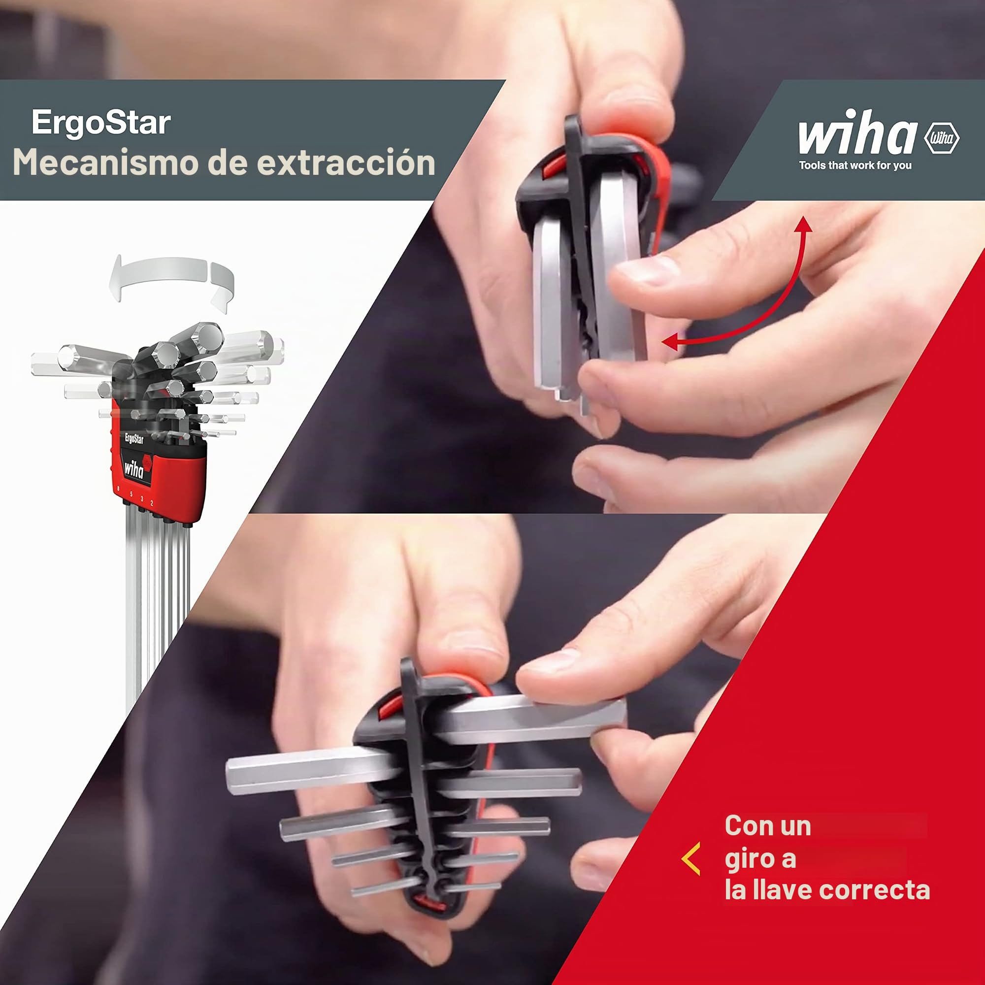 Wiha Juego de llaves Allen en soporte ErgoStar con cabeza esférica hexagonal MagicRing®, de 10 unid., en cromado mate (37351)
