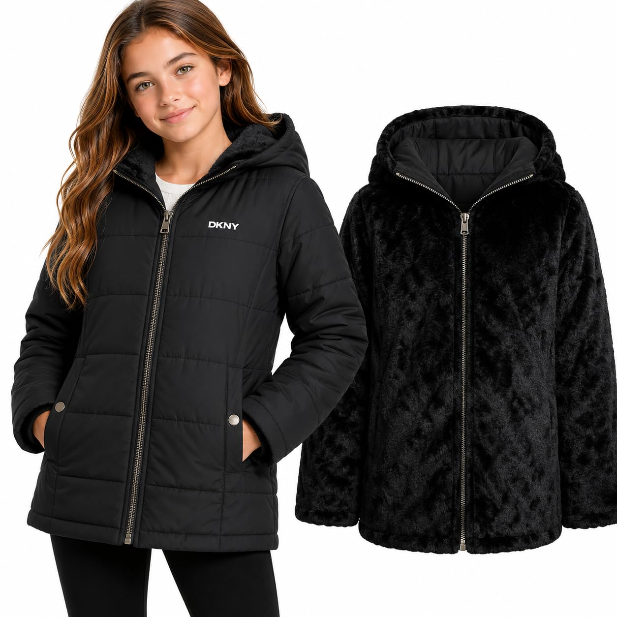 DKNY Girls Reversible Quilted Puffer Coat