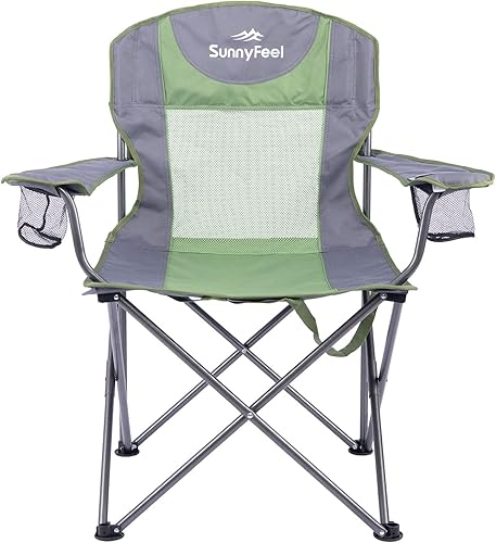 SUNNYFEEL Silla de campamento plegable de gran tamaño, sillas de césped portátiles acolchadas para adultos, resistente 300 libras, silla plegable