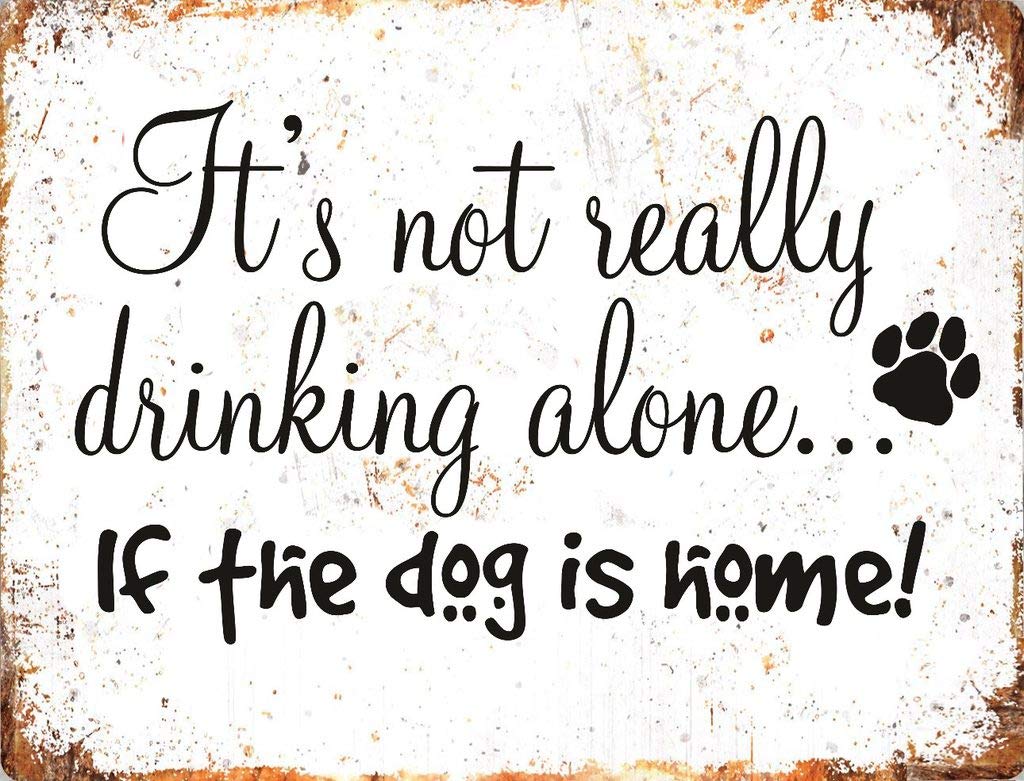 BigBazza Novelty Retro Vintage Wall tin Plaque 20x15cm - Pub shed Bar Office Workshop Man Cave Home Bedroom Dining Room Kitchen Gift - Not drinking alone Dog is Home Pet Metal Sign