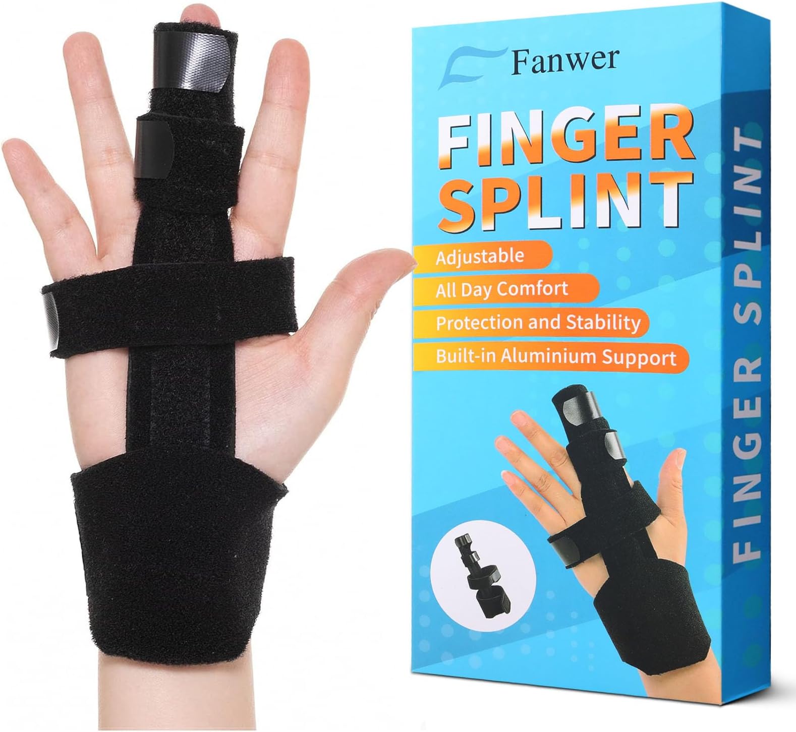 Fanwer Full Trigger Finger Splint, Reversible Middle Finger Extension Splint, Right or Left Adjustable Finger Brace for Straightening, Broken Finger, Mallet Finger, Arthritis, Tendonitis