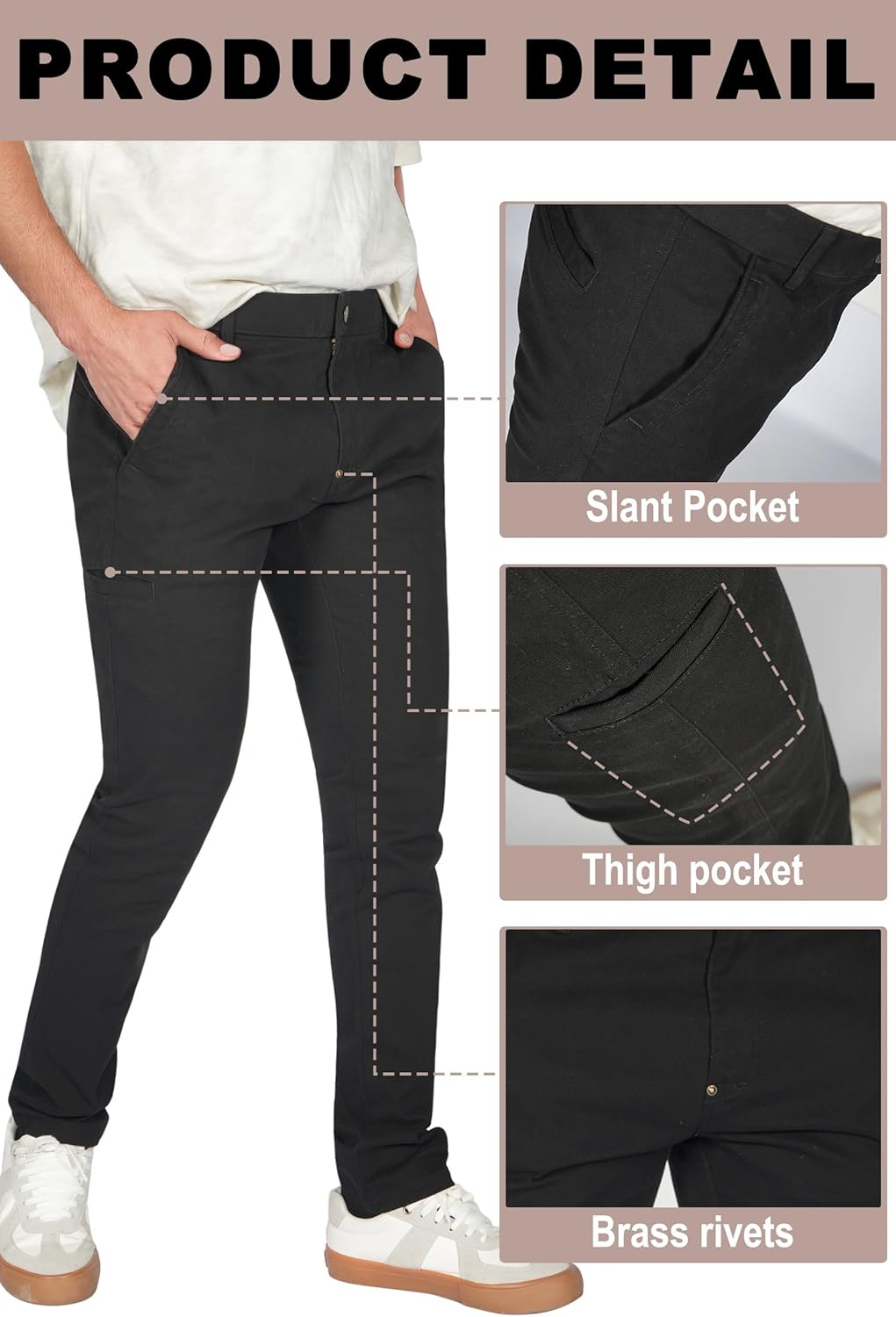 Plaid&Plain Men's Skinny Fit Chino Pants, Slim Tapered Khaki Pants with Pockets - Image 4