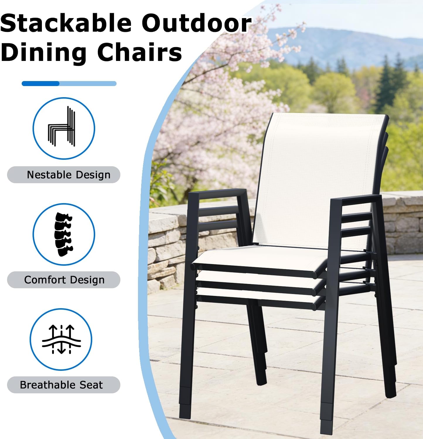 Outdoor Dining Chairs Set of 6, High-Back Stackable Patio Chairs with Metal Frame, Lightweight Sling Design, Ideal for Garden, Deck, Poolside, Light Beige