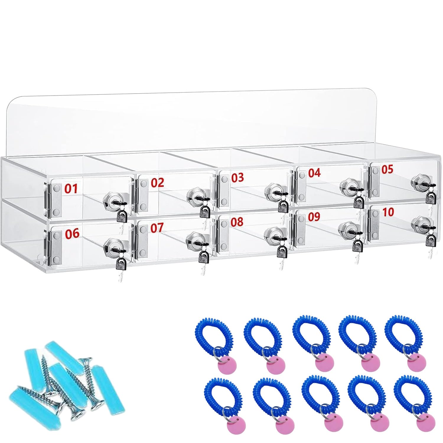 Taquilla para Guardar Móviles, 10 Compartimentos Acrílico Caja Almacenamiento Personal, Caja Móviles con Cerradura Llave, Armario de Pared con Ranura Tarjetas, para Aulas y la Fábrica