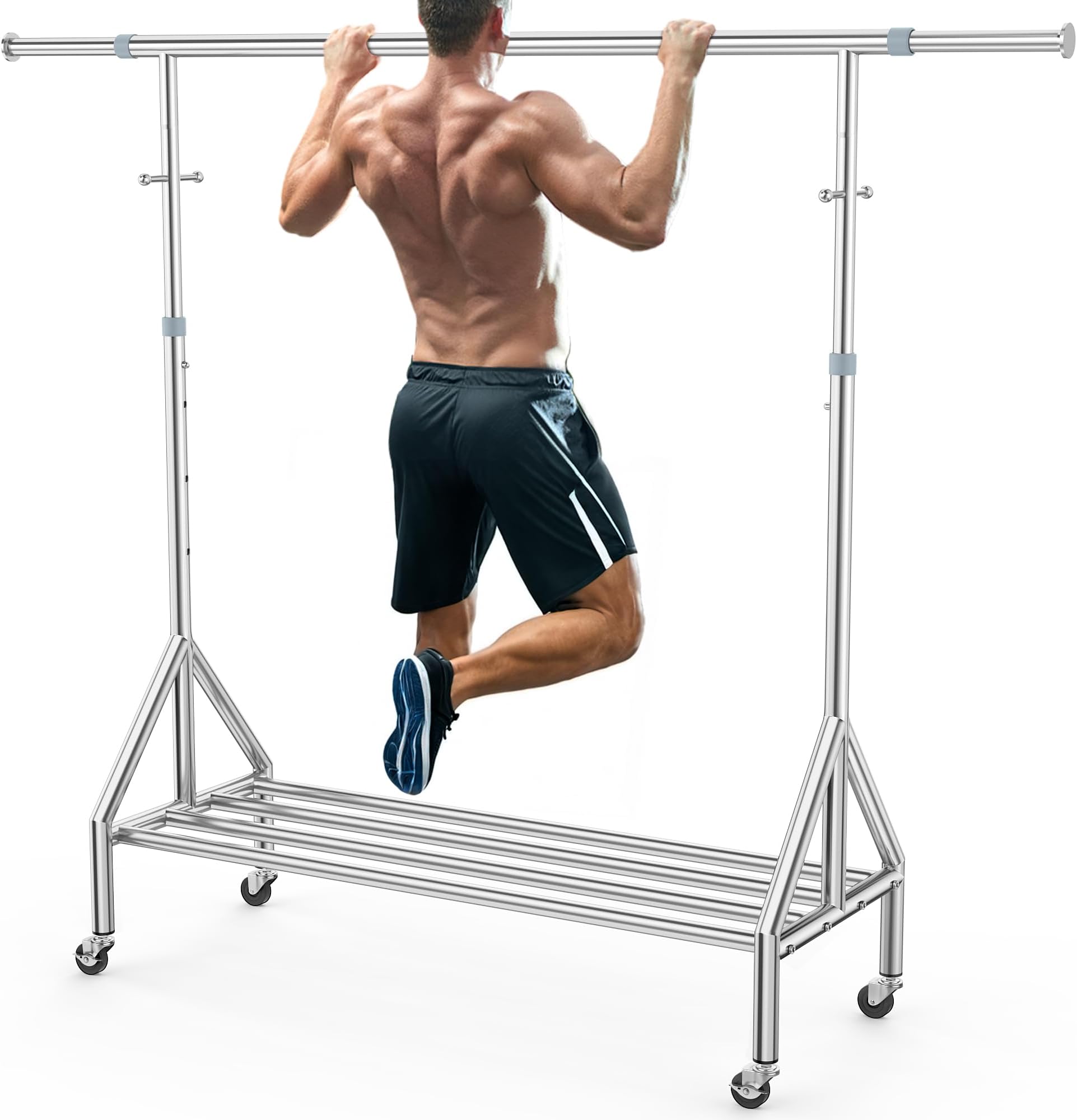 100% Stainless Steel Clothing Rack Load 620LBS, Ultra-Stable Heavy Duty Clothes Rack W/Reinforced Rubber Ring, Extendable Adjustable Rolling Garment Racks W/Sturdy Wheel for Portable Hanging Clothes
