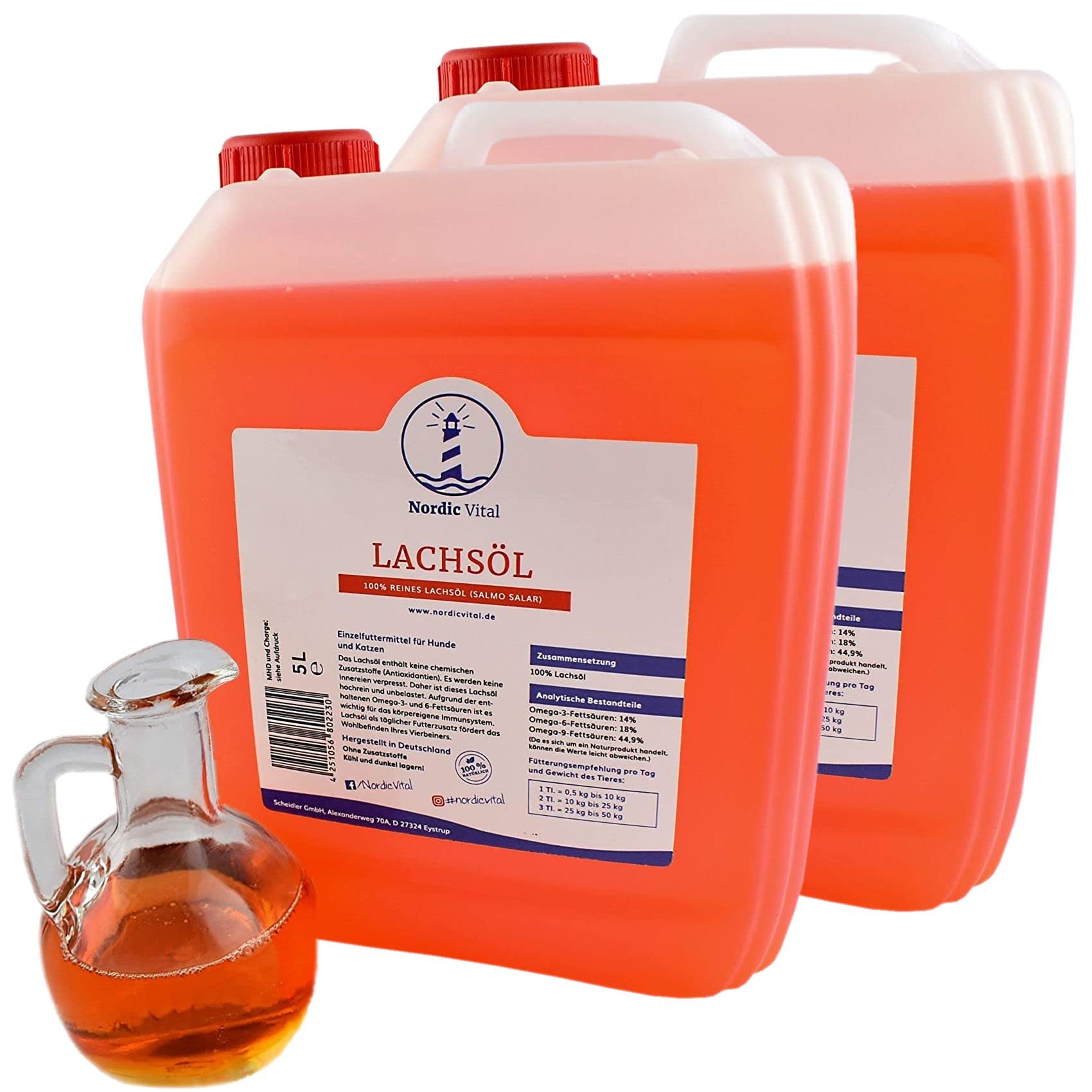 Lachsöl, Fischöl für Hunde, Katzen u. Pferde 2 x 5 Ltr. Kanister100% Premiumqualität - reich an Omega -3,-6 und -9 Fettsäuren, Barföl, Naturprodukt