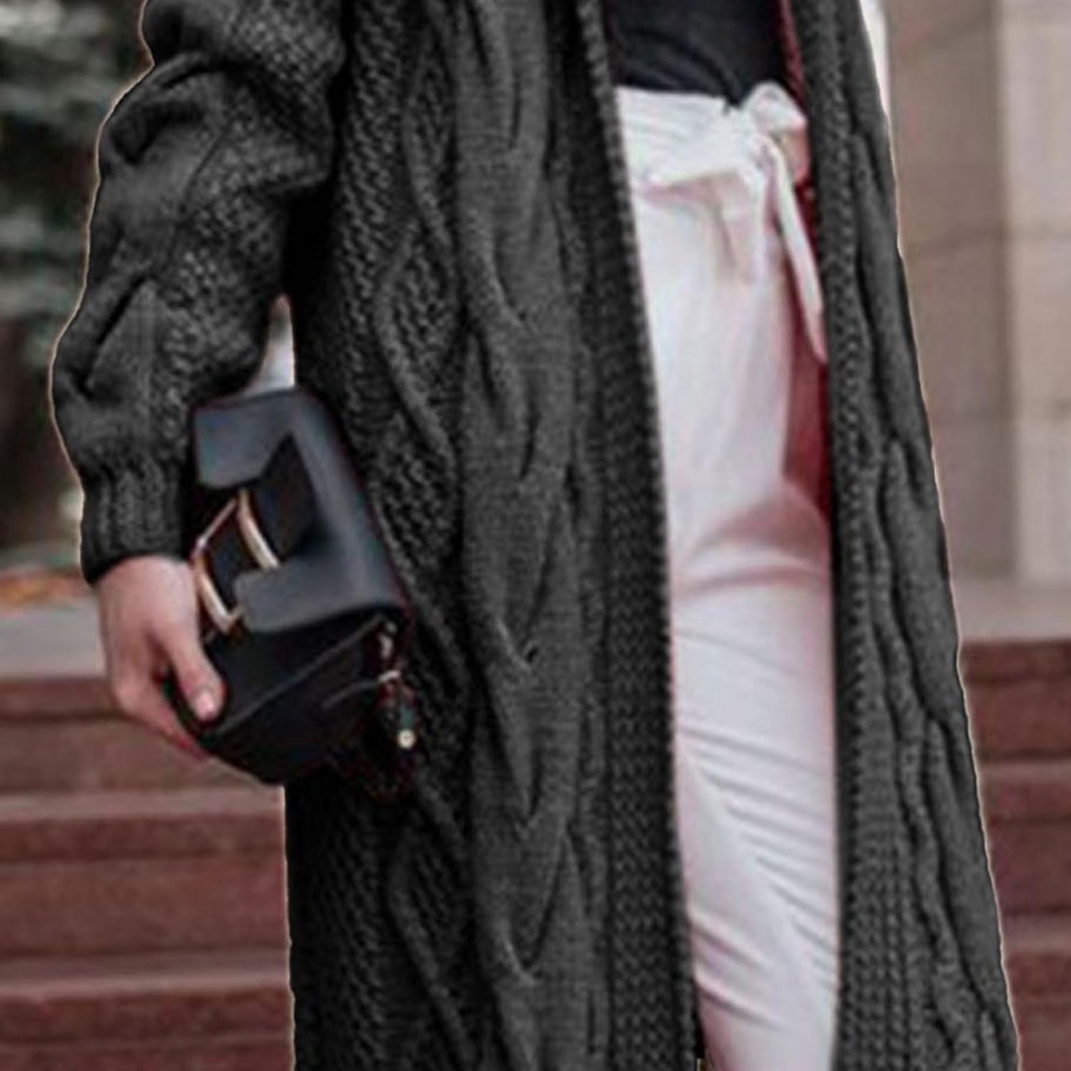 Women Hooded Open Front Cardigan Winter Lightweight Cable Knit Sweaters Solid Color Chunky Long Sweater Coats