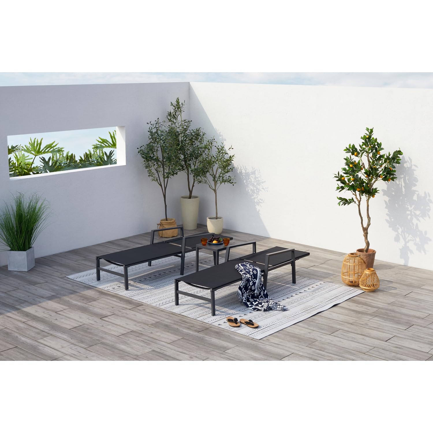 CONCEPT USINE Lot de 2 Transats Bari Noir avec Table d'Appoint Aluminium