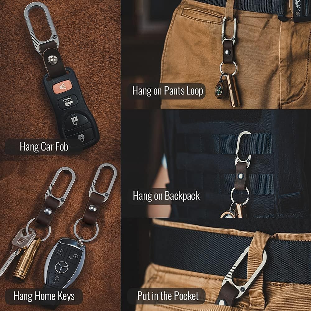 KeyUnity KM02 Belt Clip Carabiner Leather Keychain & KA02 Titanium Alloy Flat Key Ring 3 Pcs Set Bundle