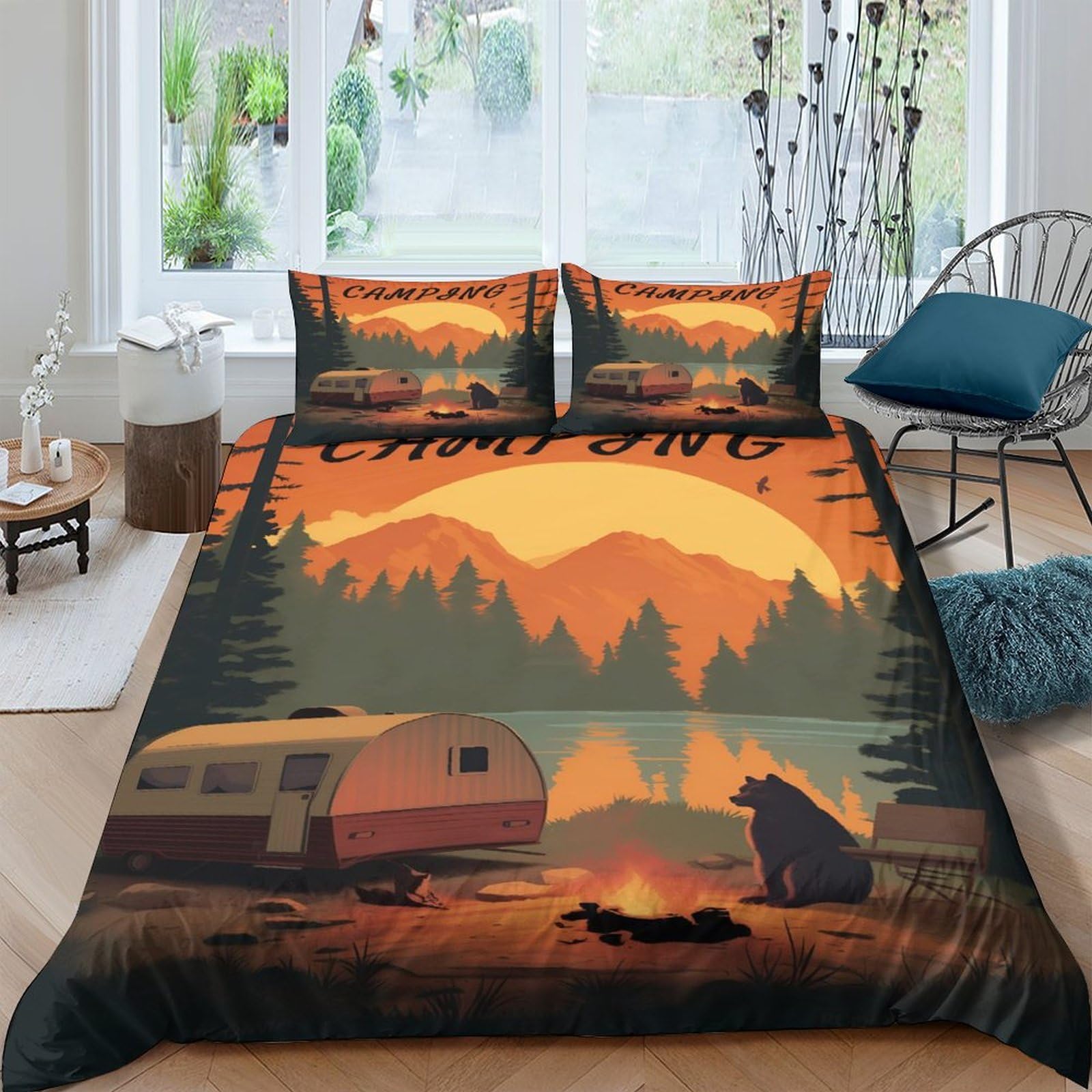 Ctjqhvkz Style-3 3D Printed Sunset Mountain Fitted Sheet Microfiber Soft Forest Bear Mattress Cover For Bedroom Guest Room Decor Single（135X200cm）