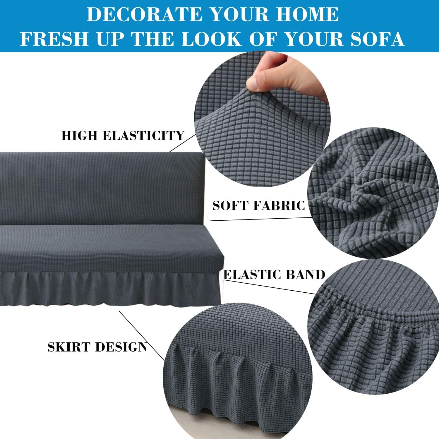 Stretch Armless Futon Cover with Skirt Knitted Jacquard Futon Sofa Bed Cover Machine Washable Futon Couch Cover Futon Sofa Cover Furniture Bed Protector with Elastic Bottom for Kids,Pets(Dark Gray) : Home & Kitchen