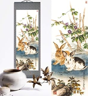 Zzooi Chinese Zodiac Animal Drawing Rabbits Wall Art Hanging Silk Painting Scroll,Drawing Rabbit
