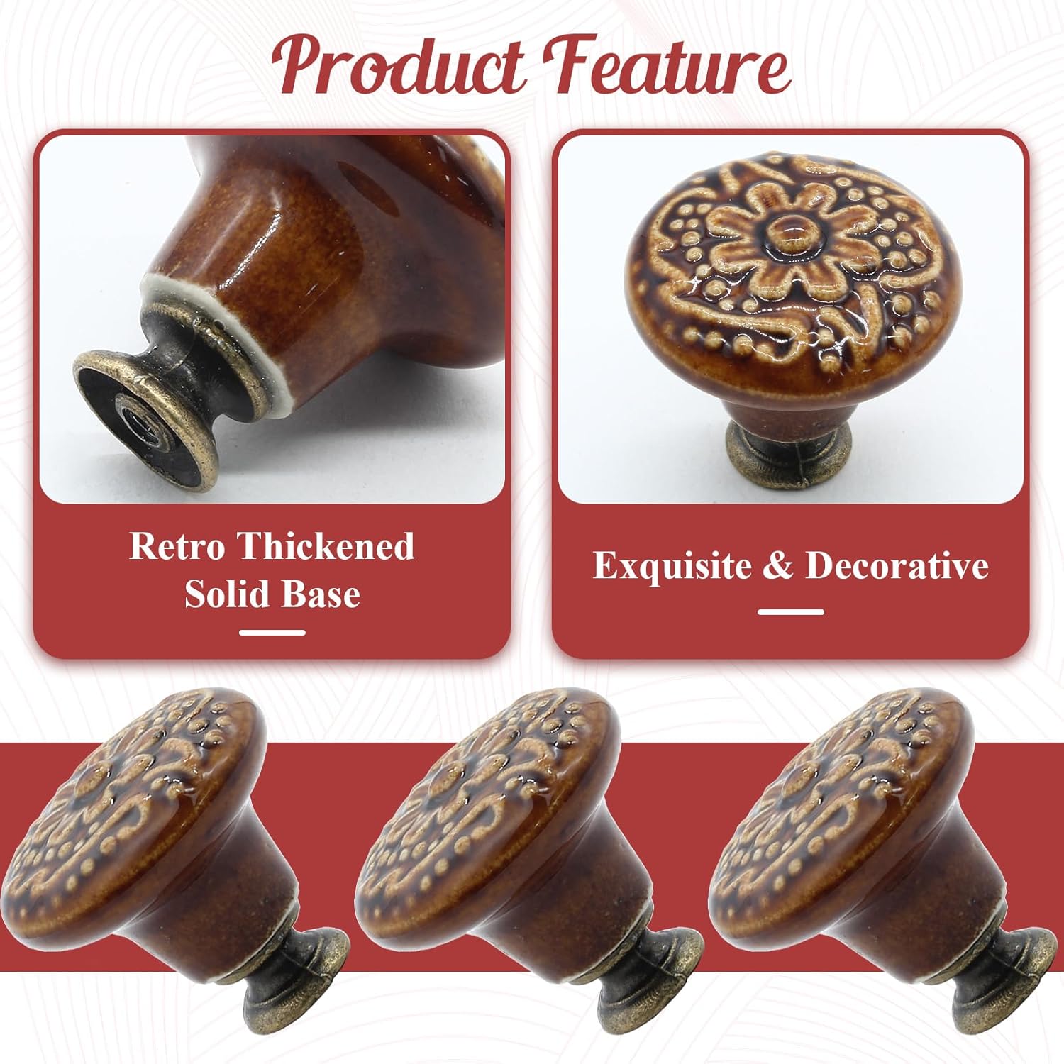 8pcs Brown Ceramic Knobs, Vintage & Retro Dresser & Cabinet Knobs, Decorative Drawer Pull Handles