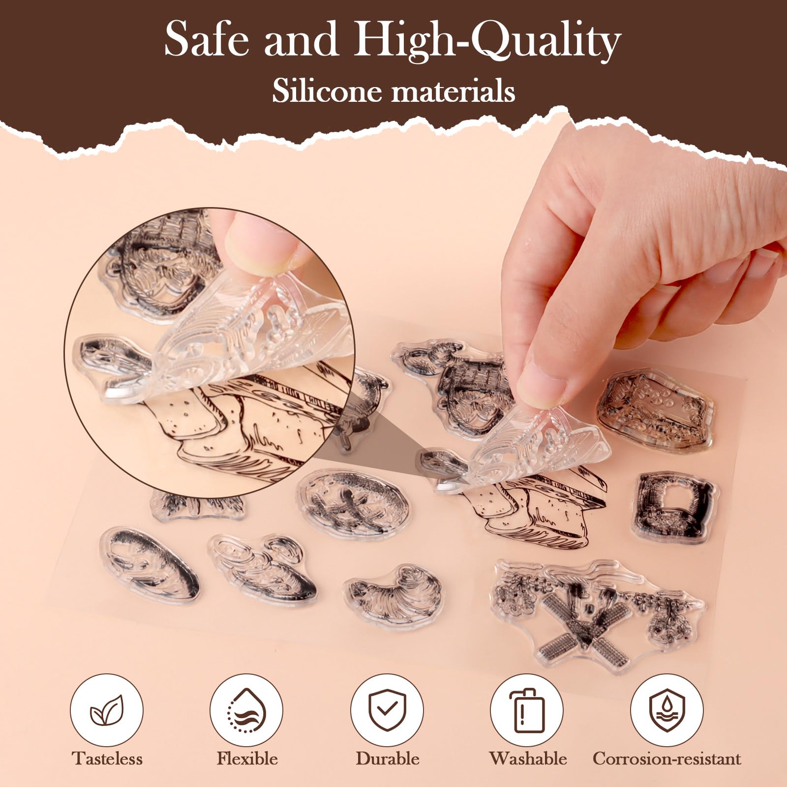 Set Timbri In Silicone Trasparente Per Scrapbooking - 6 Fogli, Blocco Acrilico, 6 Tamponi Colorati, Borsa - Foto 9