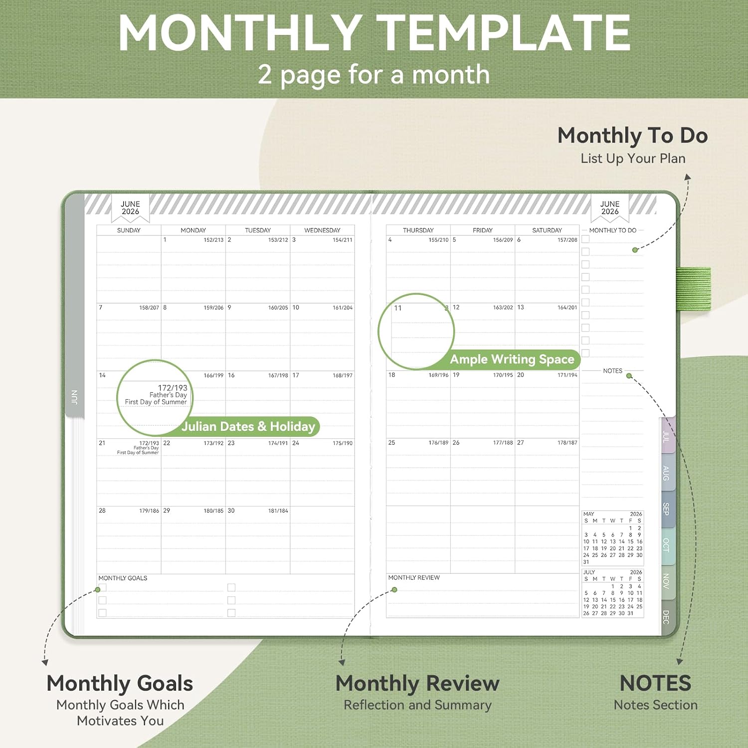 Getink 2026 Planner Weekly & Monthly Daily Agenda Book with Linen cover, 2026 To Do List Notebook with Colorful Monthly Tabs, Inner Pocket, Elastic Closure (Green,5.5 * 8.5)