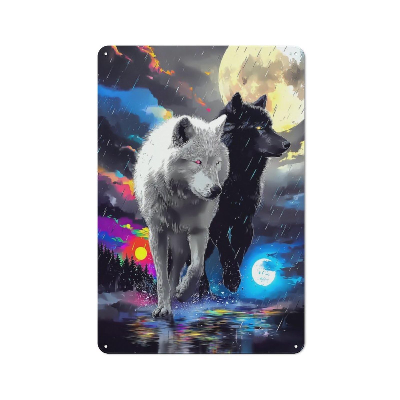 Junmoney Dual Wolves In Vibrant Night Rustic Tin Wall Plaque 30X20cm Featuring For Pub Or Café, A Decorative Christmas Gift For Café Interior Fans