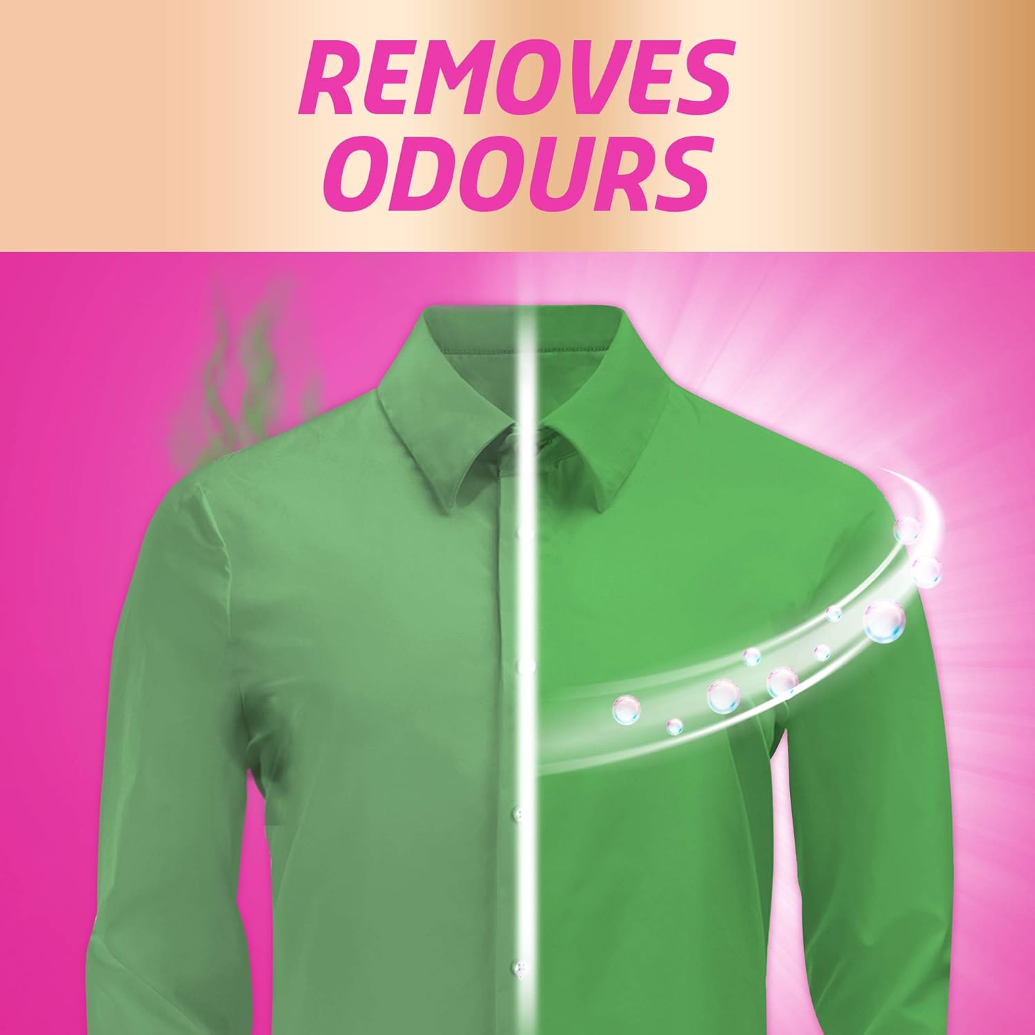 Image showing a green shirt, half with an odor cloud and half clean