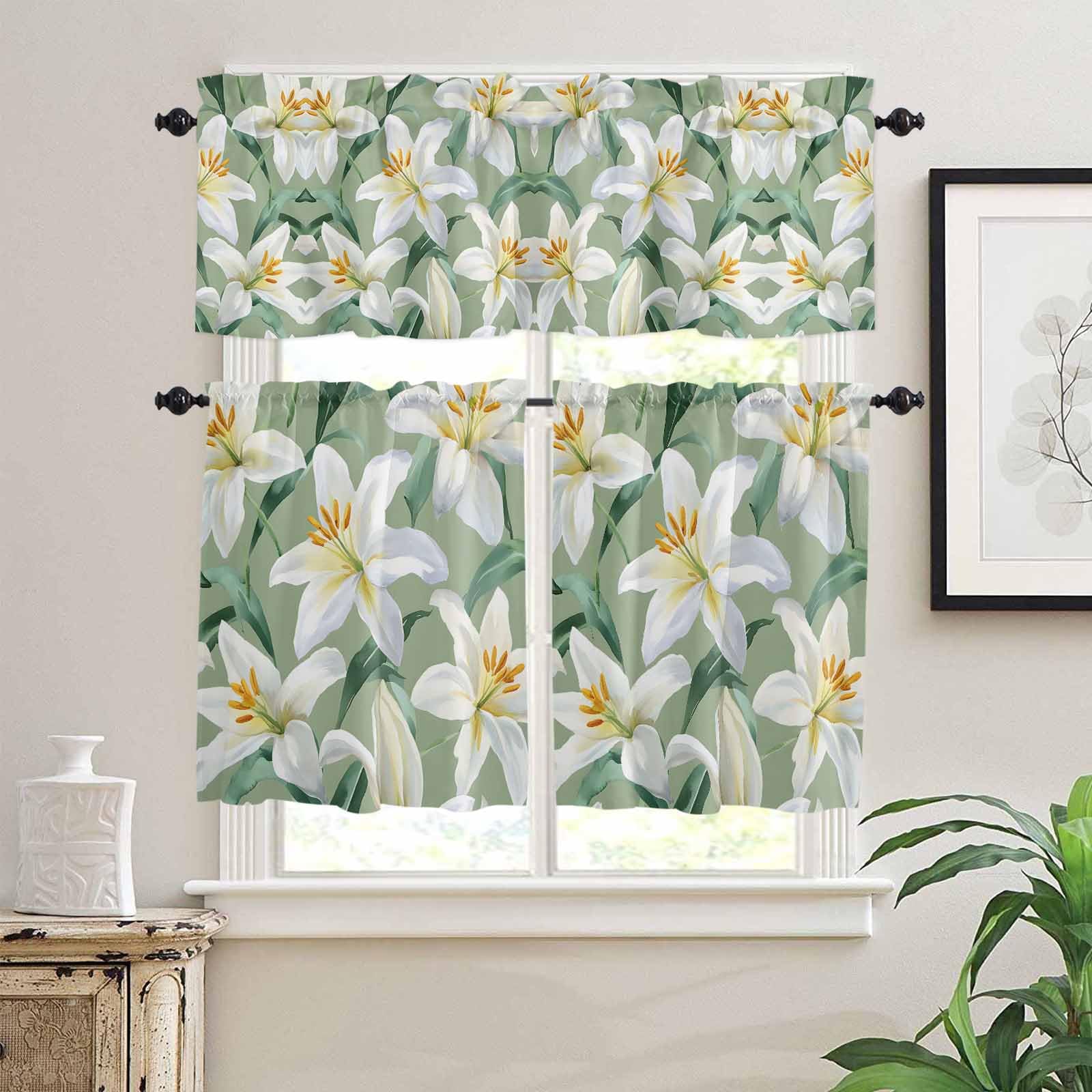 Garden Flora Illustrations Kitchen Curtains 36 Inch Length, 3 Piece Rod Pocket Small Half Tiers and Valance Set, Spring Summer Botanical Small Large Window Treatment Decor for Bedroom/Bathroom Sink