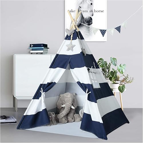 Ukadou Tienda de campaña tipi para niños, color azul marino y blanco, tienda de campaña de lona india para niños pequeños, casa de juegos para