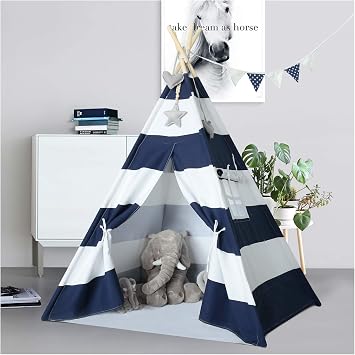 Kids Teepee Tent for Boys Navy White Stripe Teepee Tent Indian Canvas Tents for Toddlers Indoor Playhouse Play Tent for Kids