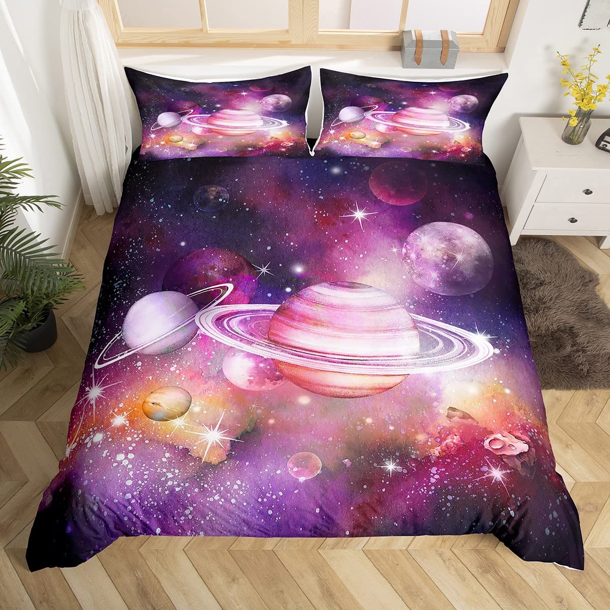 Outer Space Duvet Cover Galaxy Bedding Set for Kids Boys Girls Teens Universe Planet Comforter Cover Purple Starry Sky Bedspread Cover 3Pcs Zipper King Size — image 1