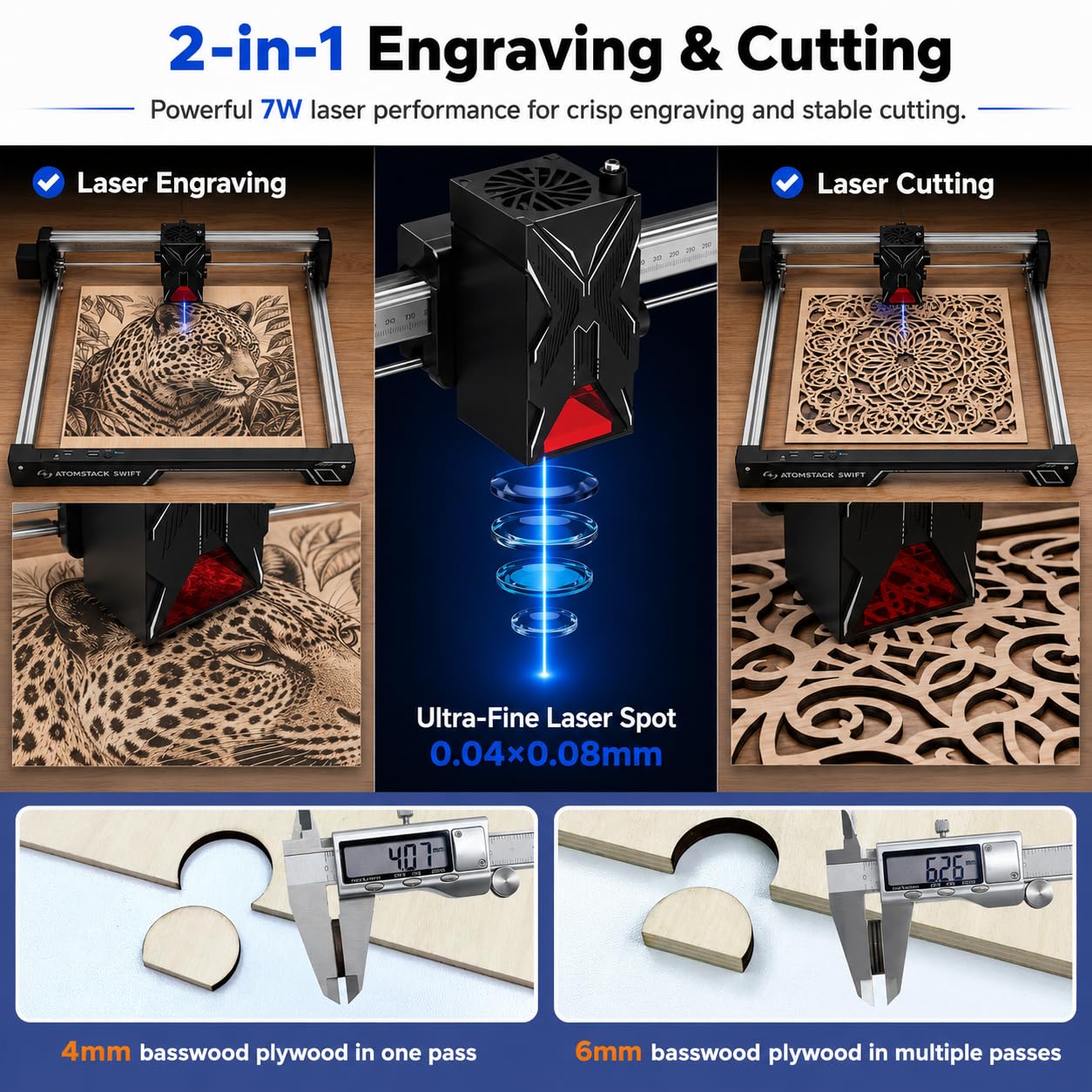 ATOMSTACK Swift laser Graviermaschine für Anfänger, 7000mW Laser Cutter, 300×300mm Gravurbereich, Kostenlose AtomStack-Software und App, Hohe Präzision Lasergravierer für Holz und Leder (Swift 7W)