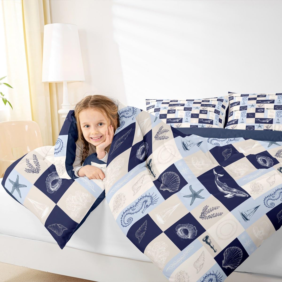 Homewish Ocean Coastal Comforter Set Twin Size,Navy Beige Geometric Plaid Patchwork Grid Bedding Set Whale Conch Seahorse Starfish Coral Quilt Set Kids Teens Undersea World Duvet Insert,1 Pillowcase