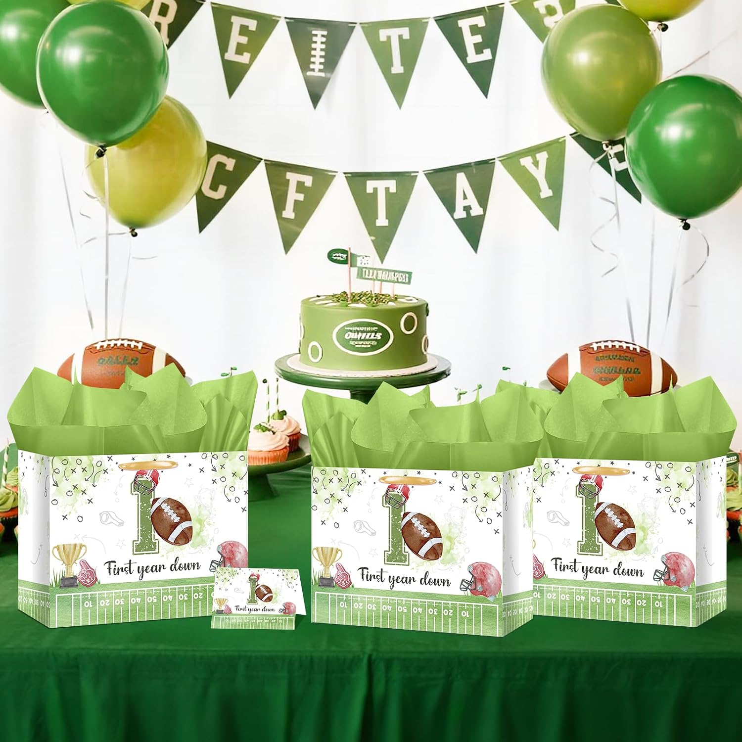 TagreSpike Football 1st Birthday Gift Bag First Year Down Birthday Party Favors Bag with Wrapping Paper Greeting Card First Bday Decorations for Boys Sports Theme Baby Shower Party Supplies