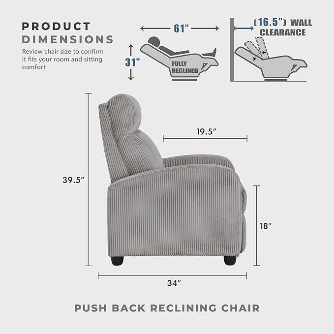 Sillón Reclinable Pushback Tela Corduroy Gris Claro miniatura 5