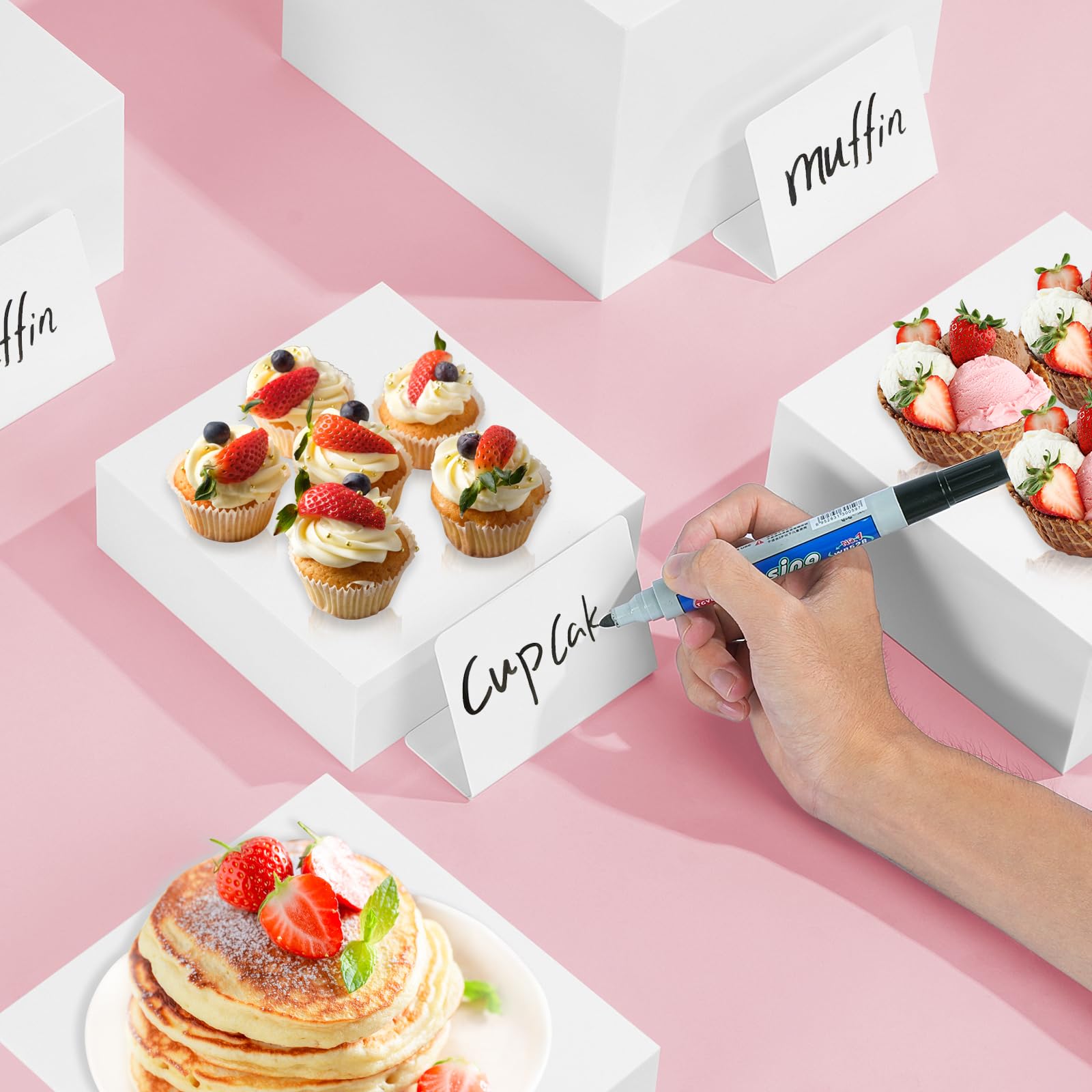 Lot de 6 rehausseurs de buffet en acrylique avec mini panneaux de buffet - Présentoir de table - Différentes tailles - Présentoir alimentaire pour figurines de collection