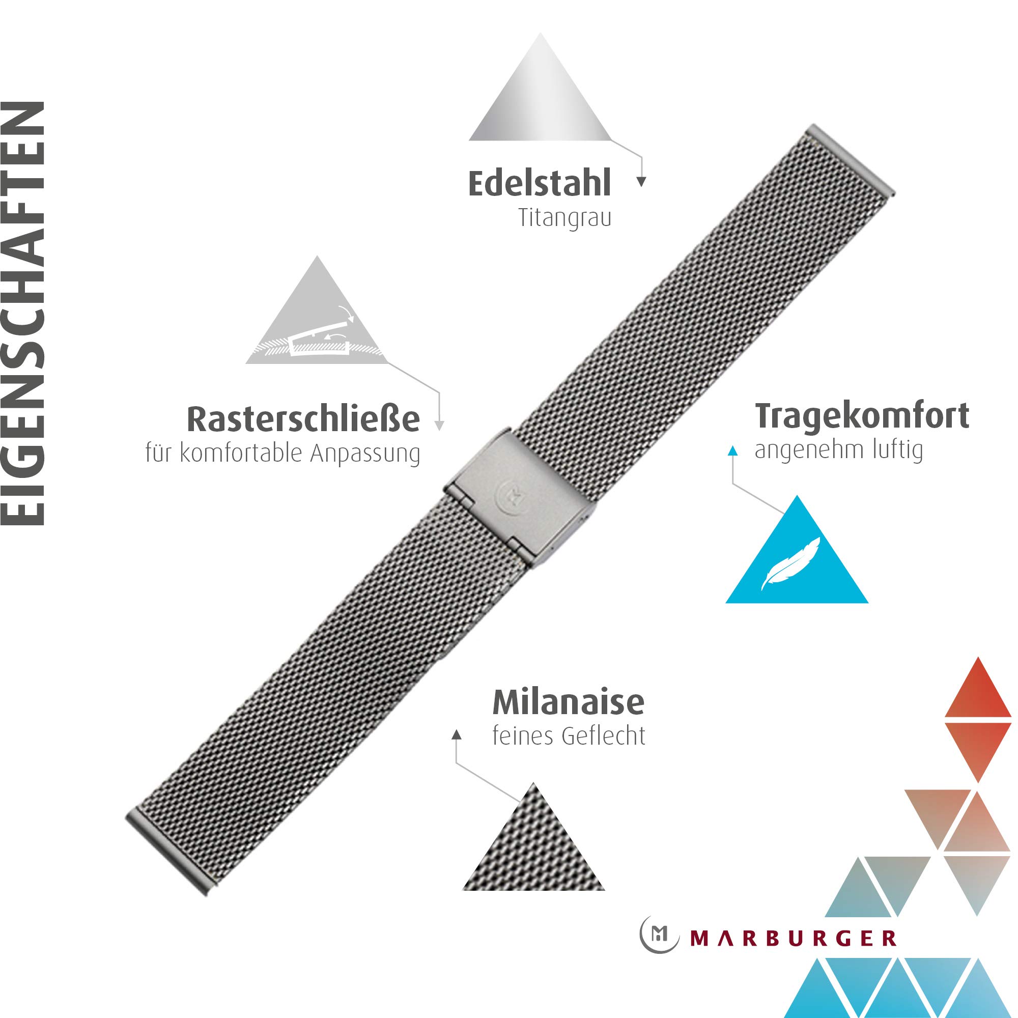 MARBURGER Uhrenarmband 18mm Edelstahl Milanaise - Werkzeug Montage Set