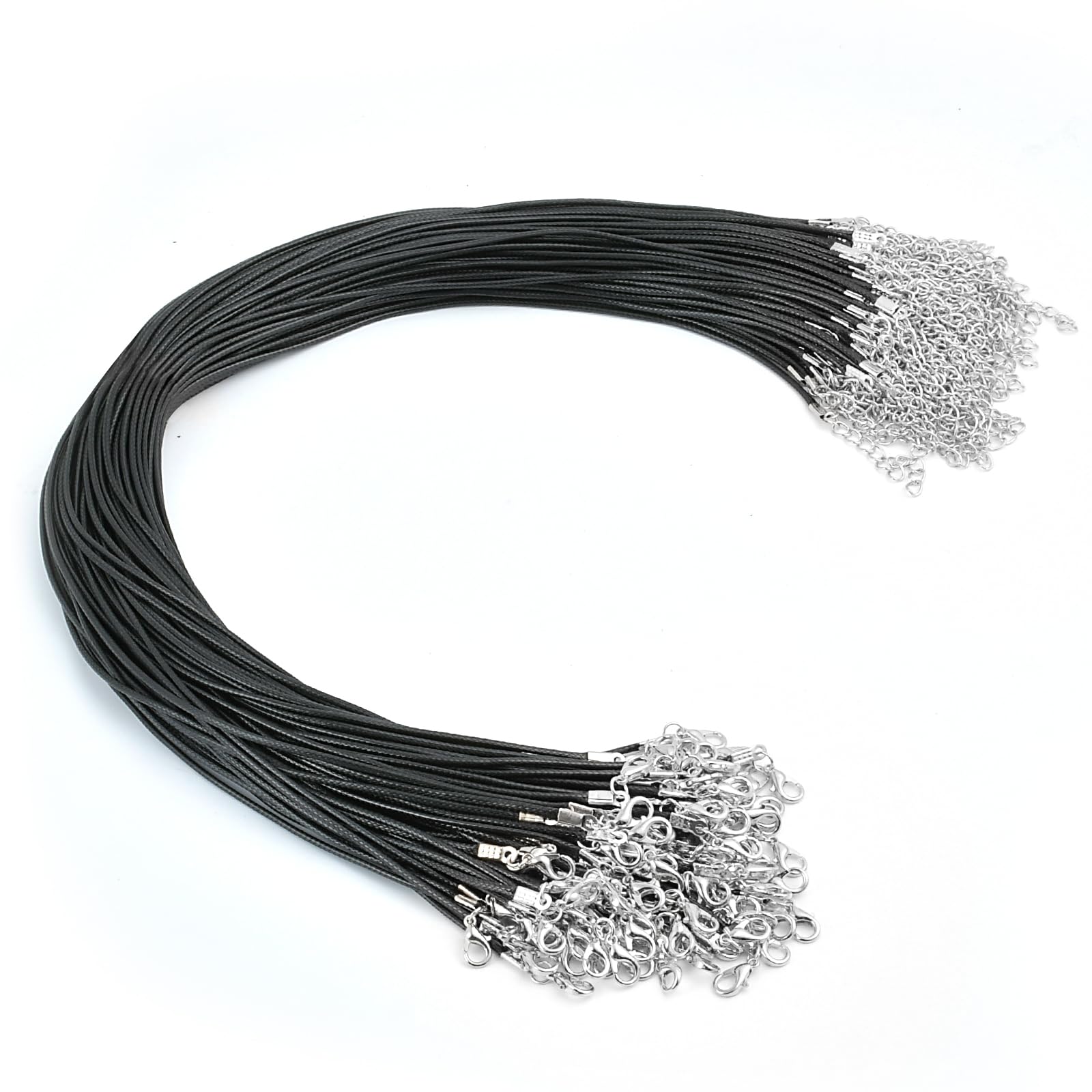 Aemygo 200 Pcs Waxed Leather Necklace Cord with Silver Clasps, 19.7" Braided Black Rope Necklace with Silver Lobster Clasp 2 mm Premium Bulk Chains for Jewelry Necklace Bracelet Pendants Making