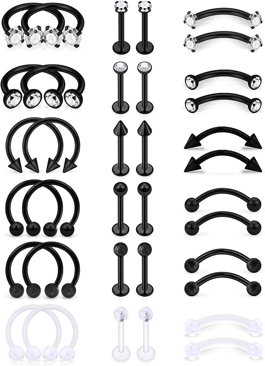 SCERRING Tragus Earrings 16g Stainless Steel Horseshoe Eyebrow Lip Rings Nail Tragus Helix Rook Cartilage Earrings Studs Ring Medusa Piercing Jewelry 8mm 36PCS