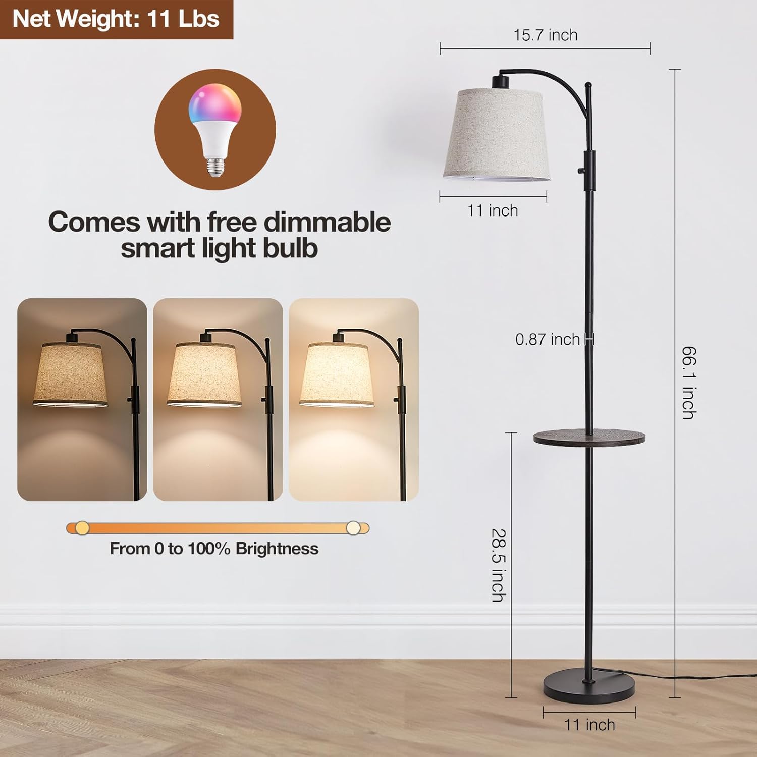 AIDENOEY Smart Floor Lamp with Side Table | Stepless Dimming, RGB Multi-Color | Adjustable Swivel Head | Voice Control with Alexa & Google Assistant |Black Lamp for Living Room,Bedroom,Home Office