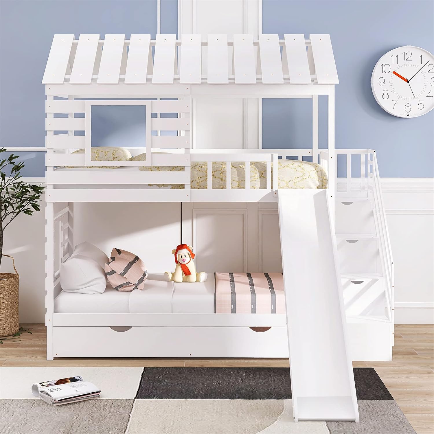 House Bunk Beds with Stairs/Slide/Trundle Twin Over Twin Bunk Bed Playhouse Bunked Frame for Kids Girls Boys Teens, White