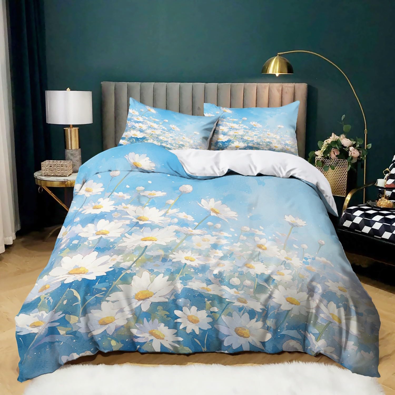 CozyRest 3-częściowy komplet pościeli 200 x 220 cm, miękka pościel z mikrofibry, z poszewką na poduszkę, z zamkiem błyskawicznym, białe stokrotki z motywem kwiatowym