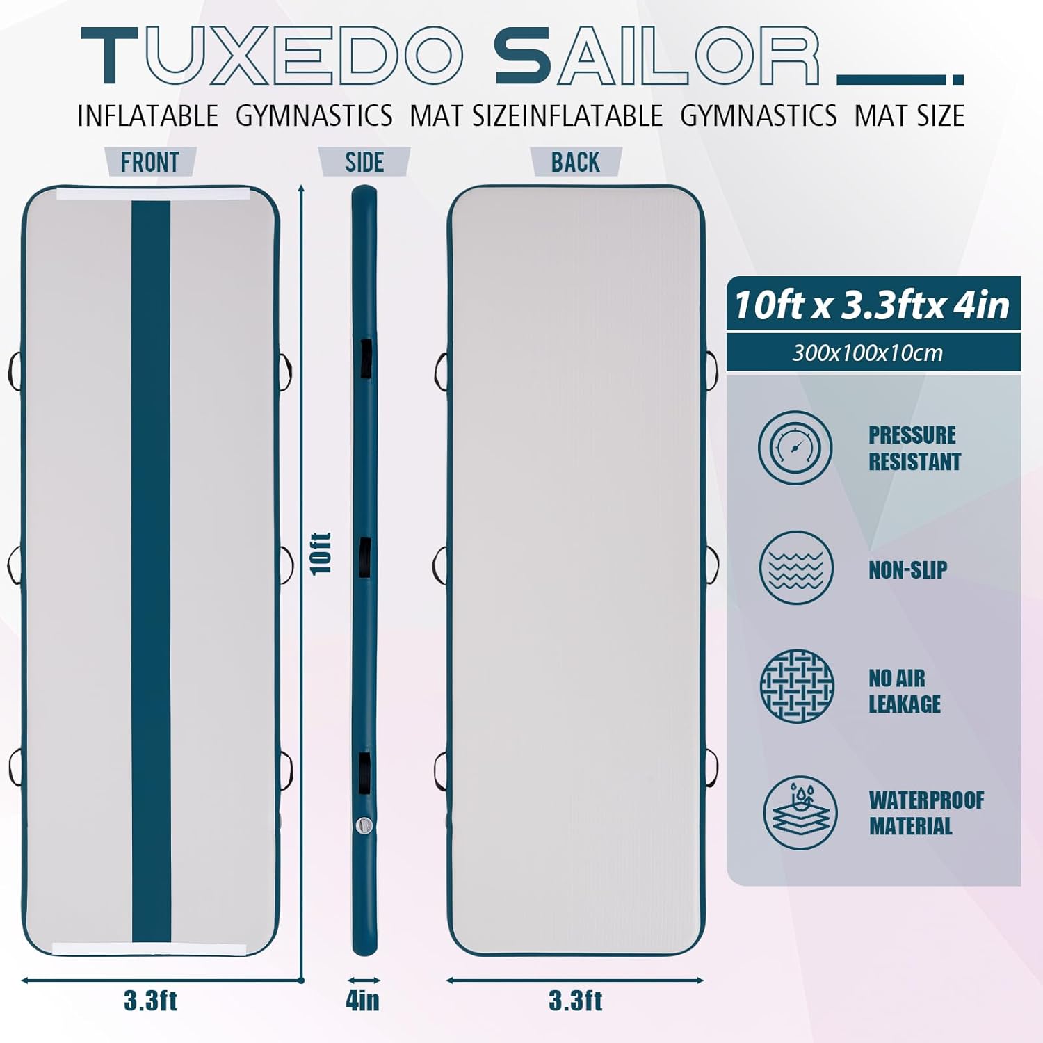 Tuxedo Sailor Inflatable Gymnastics Mat with Electric Pump, Storage Bag, Repair Kit–Air Mat for Home Training, Cheerleading, Yoga