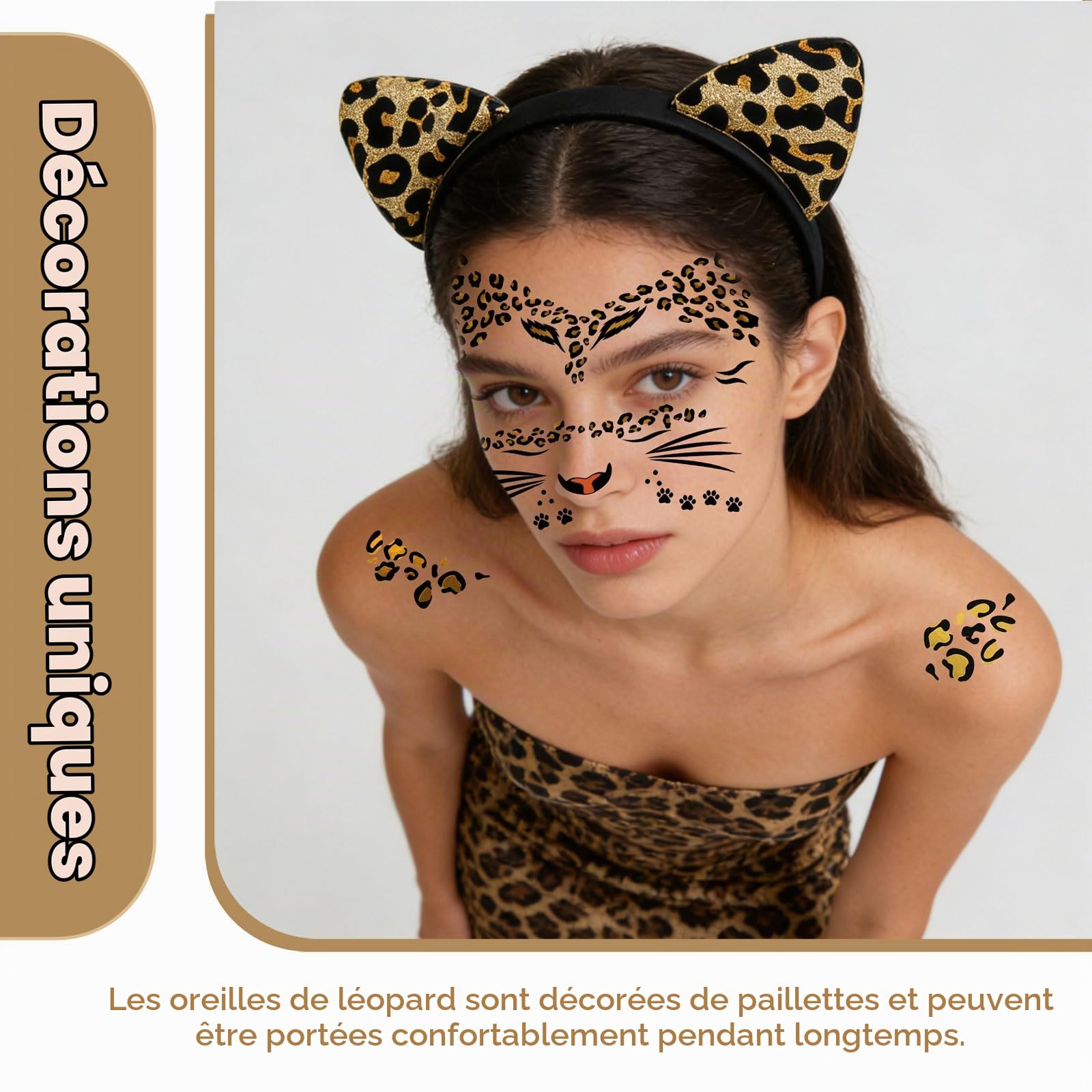 Ensemble de Costume léopard pour Femmes, Serre-tête Oreilles de léopard avec 3 Tatouages faciaux différents pour fête de Carnaval Accessoires léopard