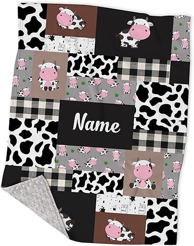 Mantas de bebé personalizadas de vaca Minky con nombre, diseño de vaca lindo personalizado para niños y niñas, mantas de felpa suave con diseño a