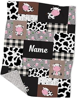 Personalized Cow Milk Neutral Minky Baby Blankets with Name, Custom Cartoon Cute Cow Print Nursery Theme for Boys and Girls, Soft Plush Red Plaid Design Blankets for Infant Newborn - Registry Gifts