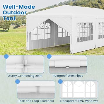 Tangkula 10x30 Ft Heavy Duty Party Tent, Large White Event Tent with 6 Sidewalls & 2 Zippered Door, Stakes & Ropes for Wedding, Patio, Backyard, Parties