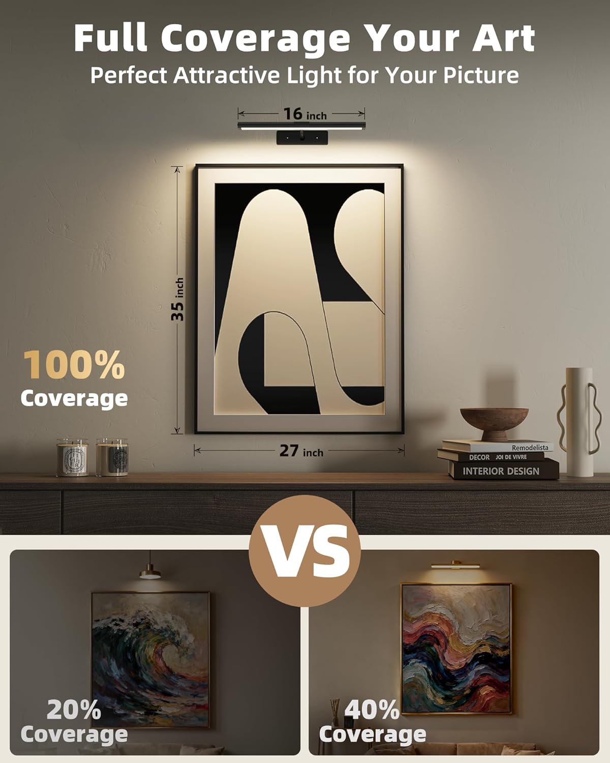 EZVALO Picture Light for Wall, 4800mAh Rechargeable Wireless Remote Battery Lights for Painting, 16In Dimmable Magnetic LED Art Display Light, Colors Temperatures, for Gallery, Living Room,Hallway